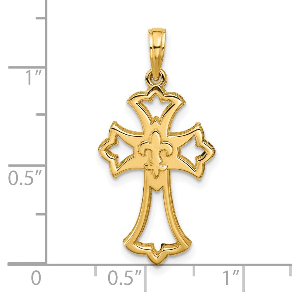 14K Gelbgold Poliert Fleur De Lis Kreuz Anhänger