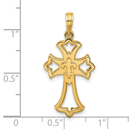14K Gelbgold Poliert Fleur De Lis Kreuz Anhänger