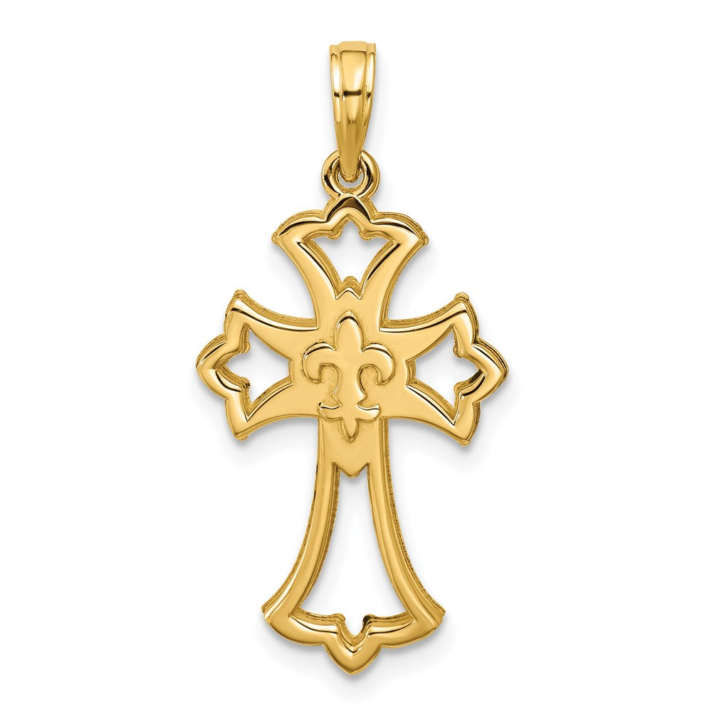 14K Gelbgold Poliert Fleur De Lis Kreuz Anhänger