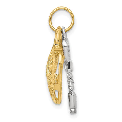 14K Bicolor-Gold Beweglicher Filigran-Schlüssel- und Herzschloss-Charm