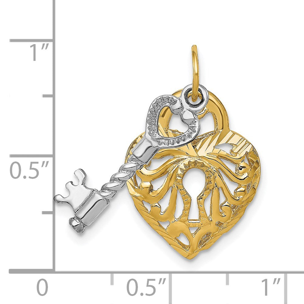 14K Bicolor-Gold Beweglicher Filigran-Schlüssel- und Herzschloss-Charm
