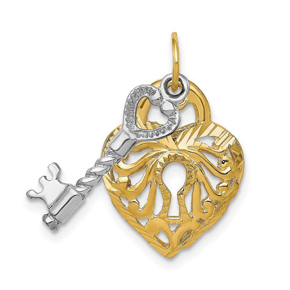 14K Bicolor-Gold Beweglicher Filigran-Schlüssel- und Herzschloss-Charm