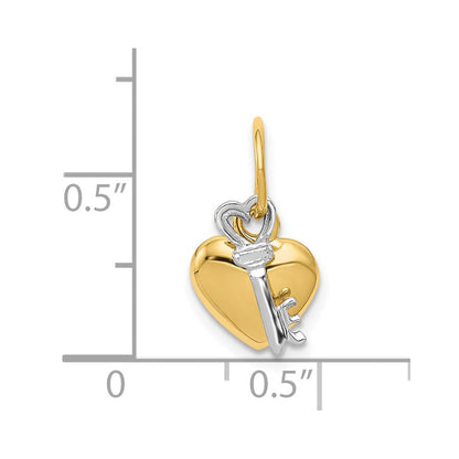 14K Bicolor Poliert Beweglich Key und Herz Schloss Charm