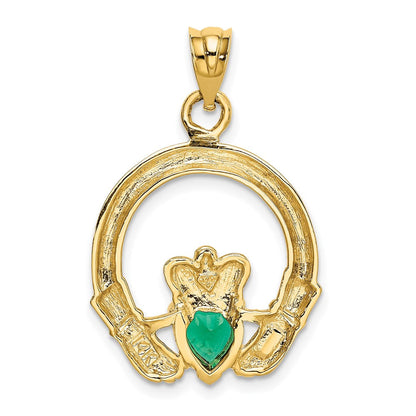 14K Gelbgold Claddagh-Anhänger mit synthetischem grünem Stein