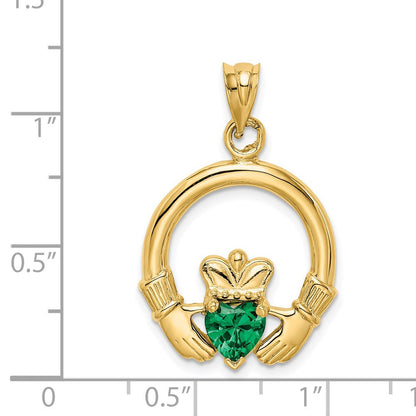 14K Gelbgold Claddagh-Anhänger mit synthetischem grünem Stein
