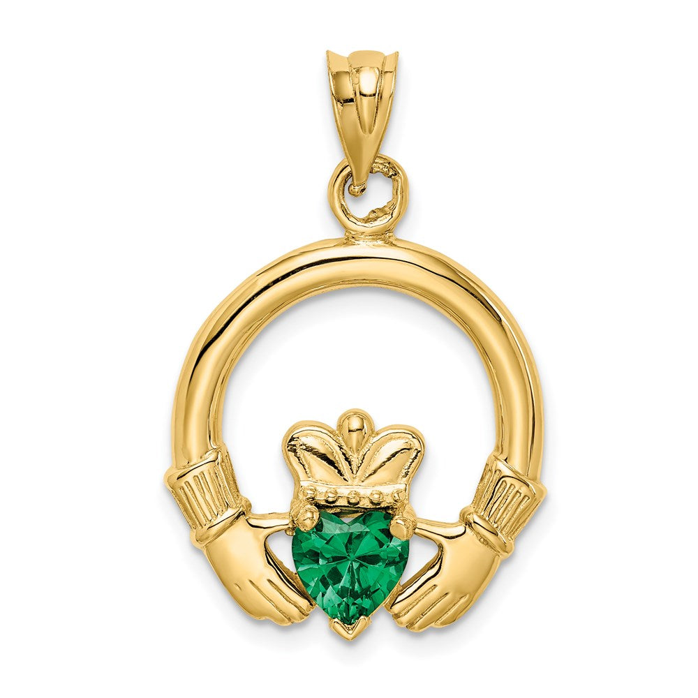 14K Gelbgold Claddagh-Anhänger mit synthetischem grünem Stein