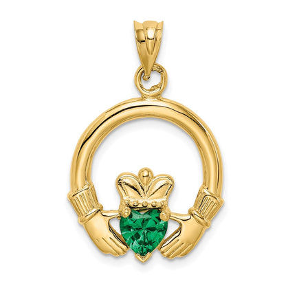 14K Gelbgold Claddagh-Anhänger mit synthetischem grünem Stein
