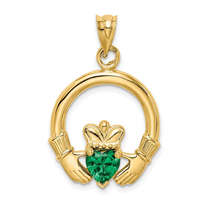 14K Gelbgold Claddagh-Anhänger mit synthetischem grünem Stein