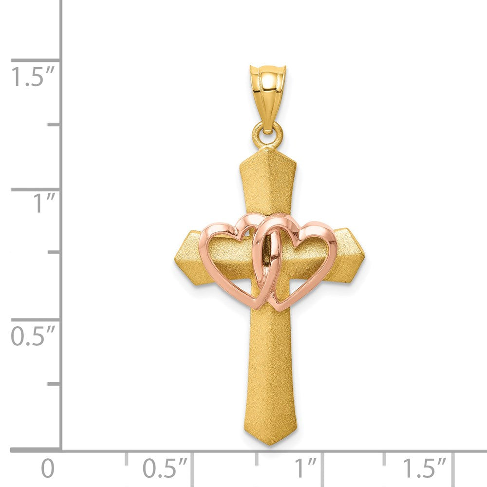 14K Bicolor Gold Doppelherz-Kreuz-Charm