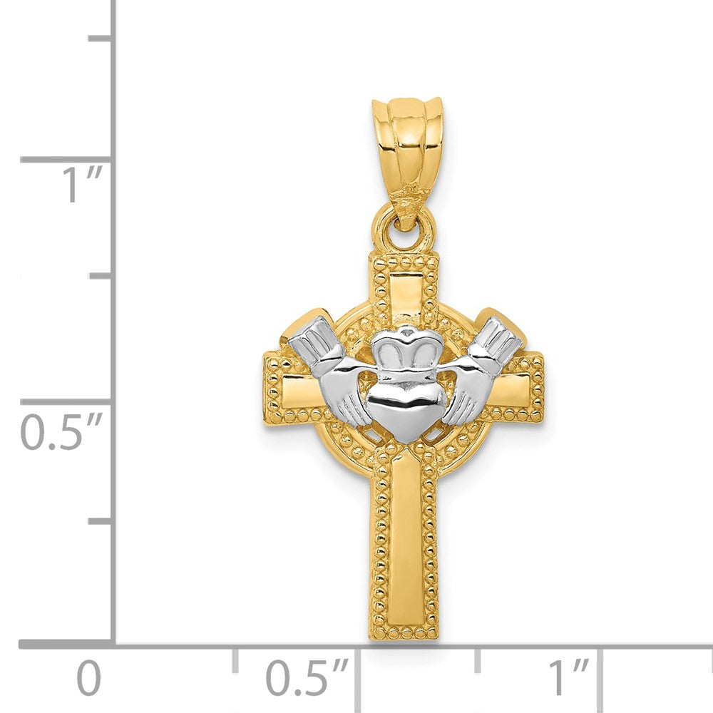 14K Gelbgold Claddagh-Kreuz-Anhänger mit Rhodium-Akzent
