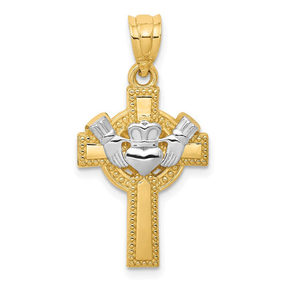 14K Gelbgold Claddagh-Kreuz-Anhänger mit Rhodium-Akzent