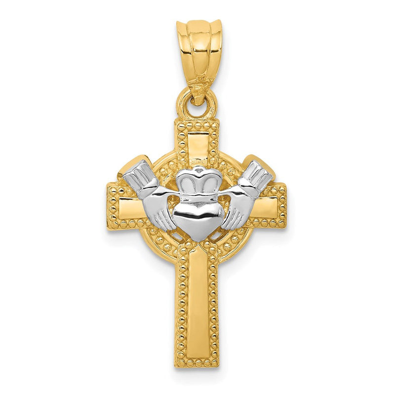 14K Gelbgold Claddagh-Kreuz-Anhänger mit Rhodium-Akzent