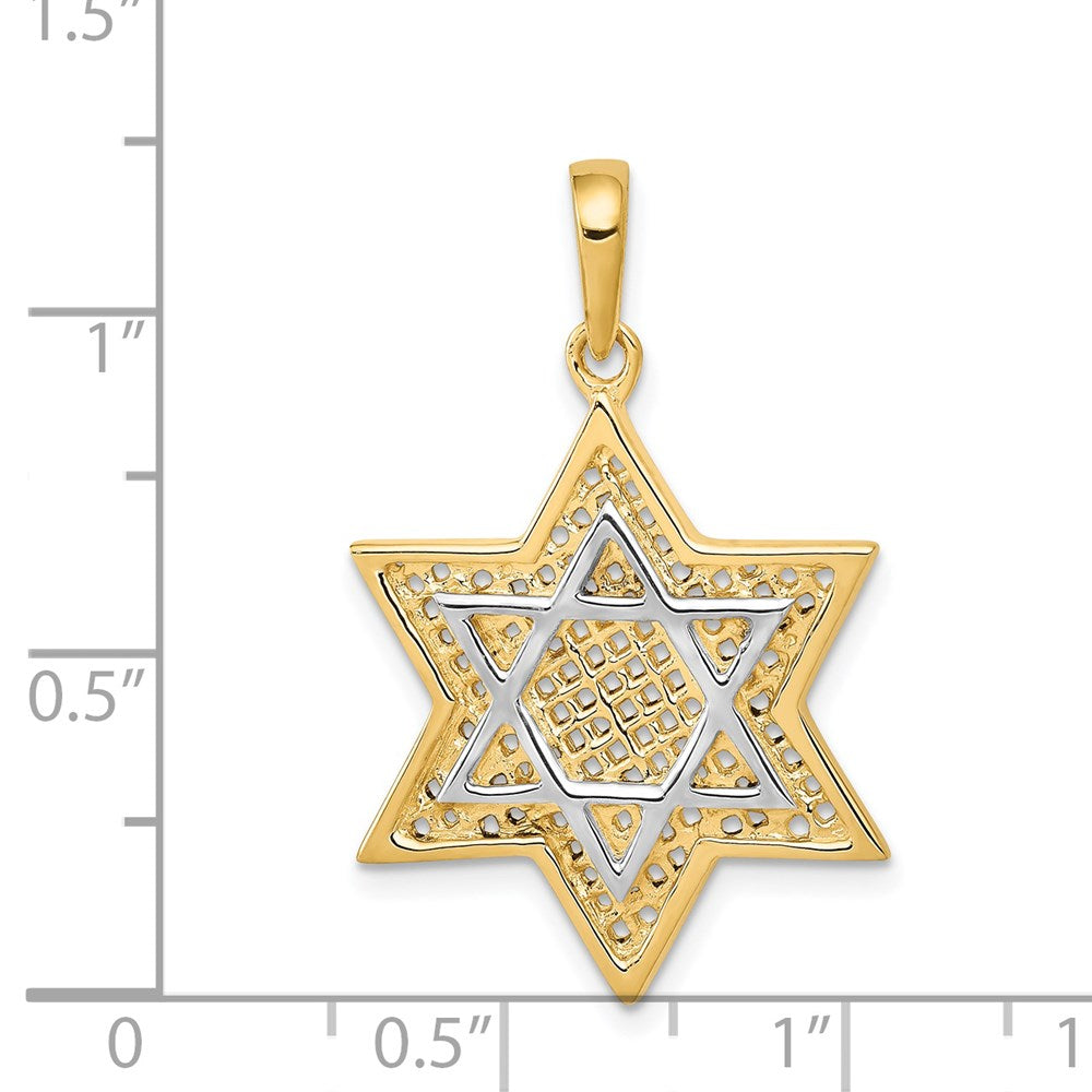 14K Gelb- & Rhodiumgold mit Rhodium Massiver Geflecht-Davidstern-Charm