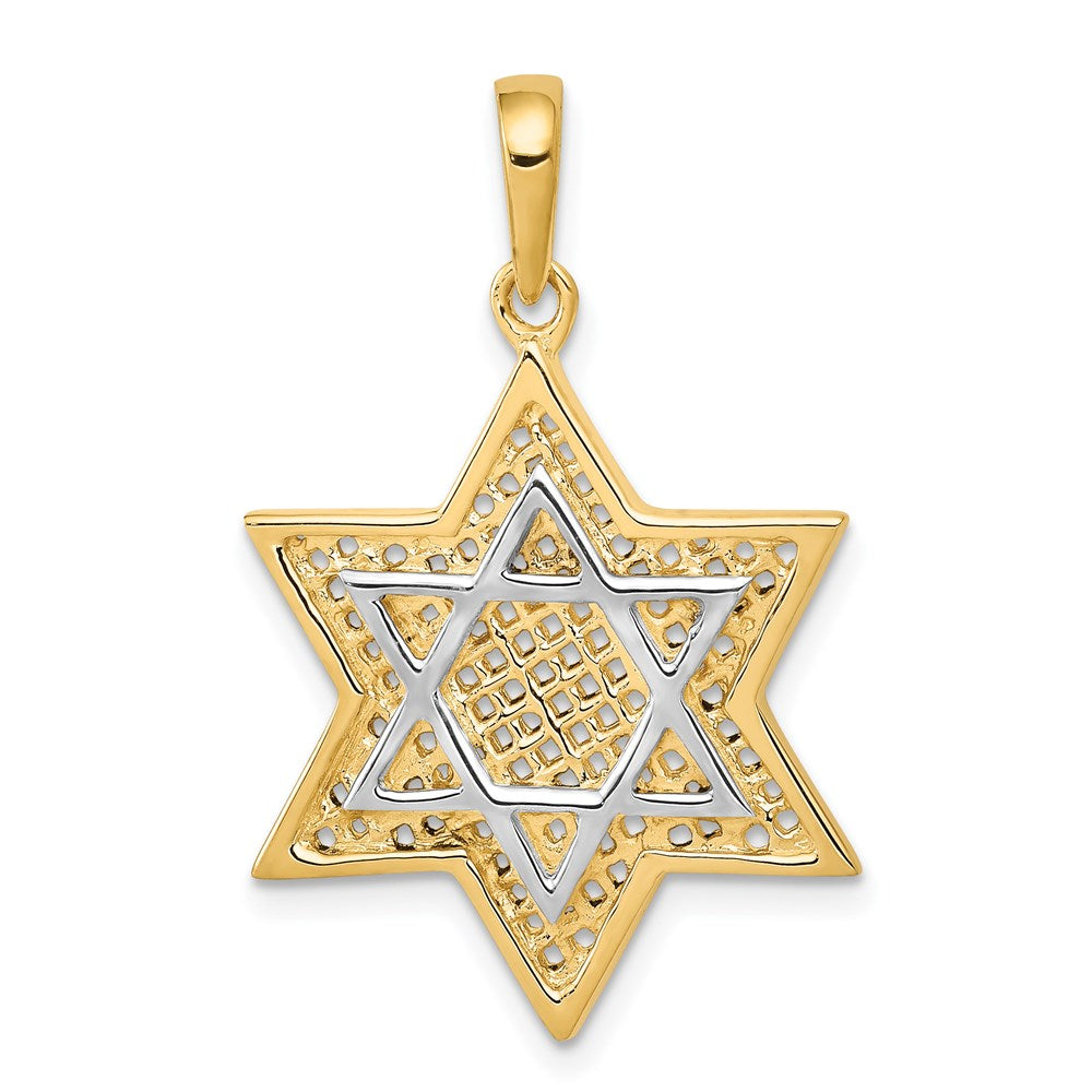 14K Gelb- & Rhodiumgold mit Rhodium Massiver Geflecht-Davidstern-Charm