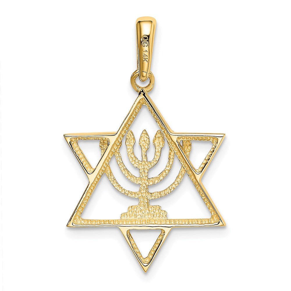14K Gelb- und Rhodiumgold Charm mit Weißrhodium, massive Menora im Davidstern