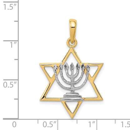 14K Gelb- und Rhodiumgold Charm mit Weißrhodium, massive Menora im Davidstern
