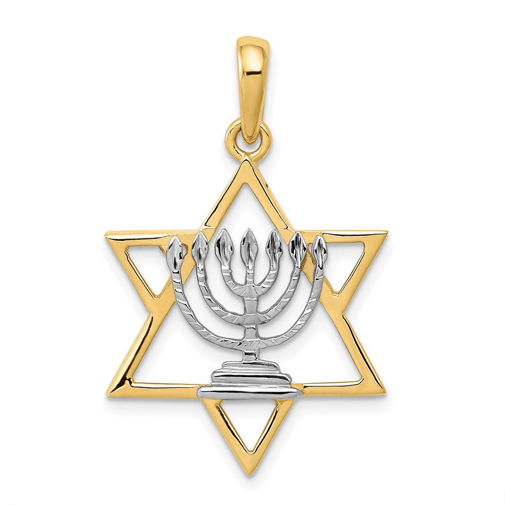 14K Gelb- und Rhodiumgold Charm mit Weißrhodium, massive Menora im Davidstern