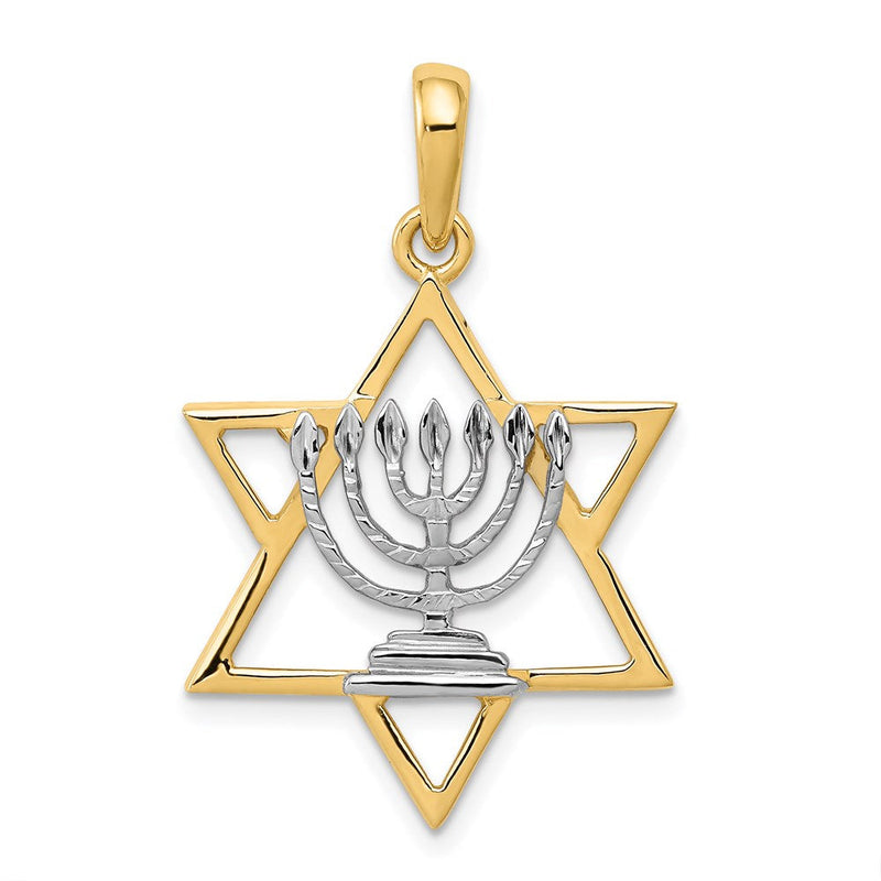 14K Gelb- und Rhodiumgold Charm mit Weißrhodium, massive Menora im Davidstern