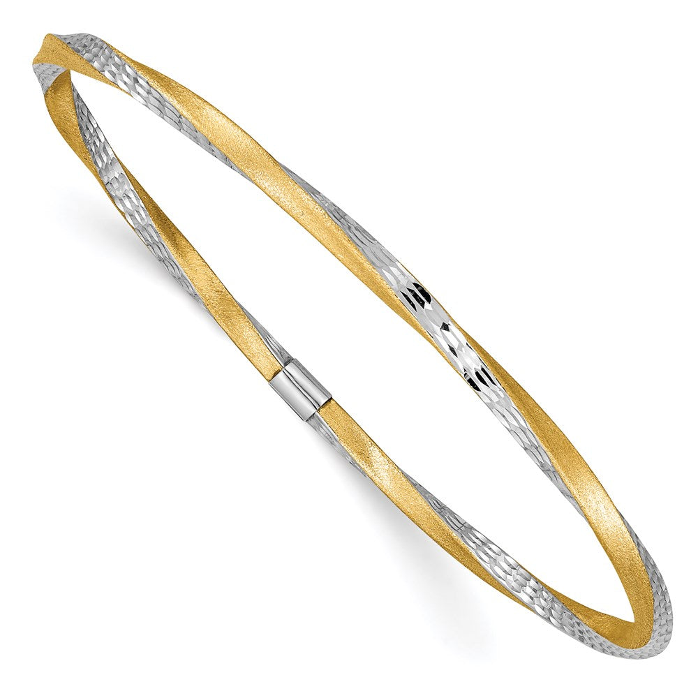 14K Gelb & Rhodium Gold und Weiß Rhodium 3mm Satiniert Diamantiert Gedreht Schieber-on Armreif