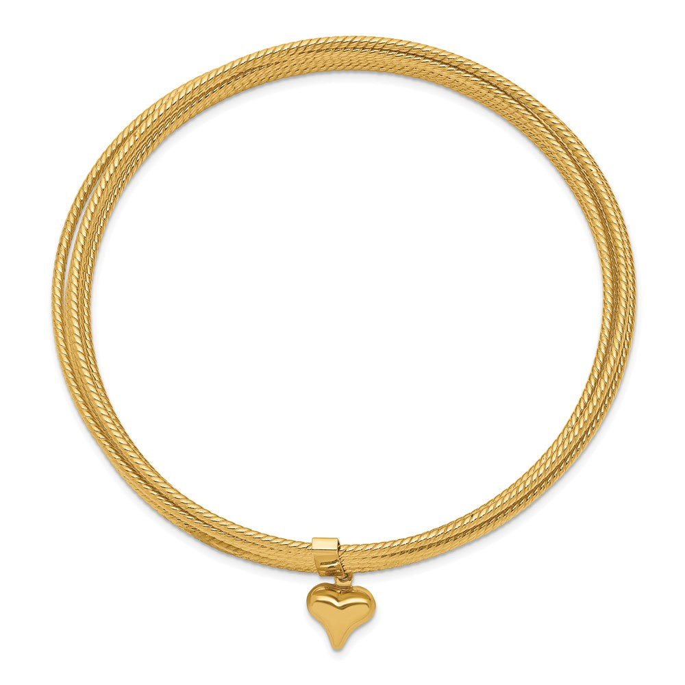 14K Gelbgold mit Hängend Herz Oversized Schieber-on Set Of 7 Strukturiert Bangles