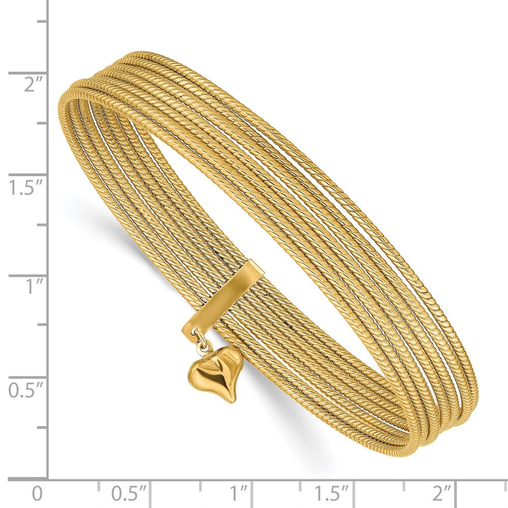 14K Gelbgold mit Hängend Herz Oversized Schieber-on Set Of 7 Strukturiert Bangles