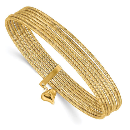 14K Gelbgold mit Hängend Herz Oversized Schieber-on Set Of 7 Strukturiert Bangles