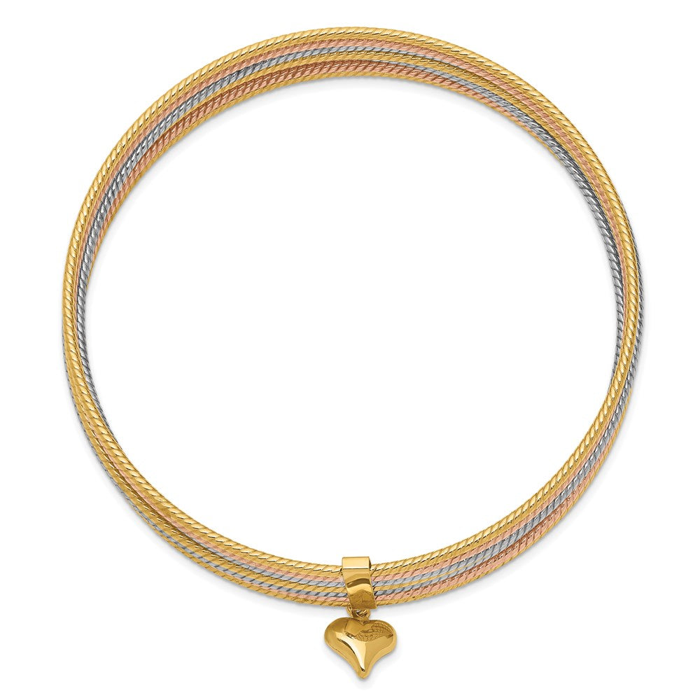 14K Tricolor Gold mit Hängend Herz Tricolor Gold Set Of 7 Strukturiert Schieber-on Bangles