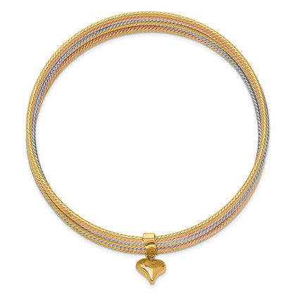 14K Tricolor Gold mit Hängend Herz Tricolor Gold Set Of 7 Strukturiert Schieber-on Bangles