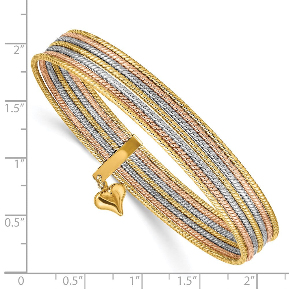 14K Tricolor Gold mit Hängend Herz Tricolor Gold Set Of 7 Strukturiert Schieber-on Bangles