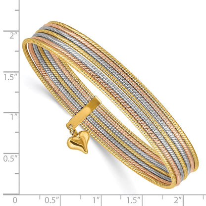 14K Tricolor Gold mit Hängend Herz Oversized Set Of 7 Strukturiert Schieber-on Bangles