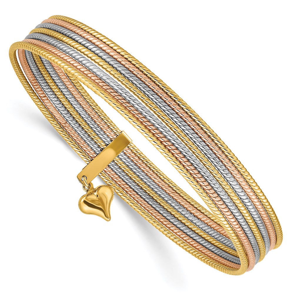 14K Tricolor Gold mit Hängend Herz Tricolor Gold Set Of 7 Strukturiert Schieber-on Bangles