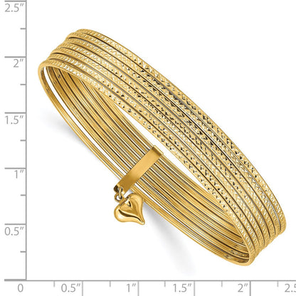 14K Gelbgold Oversized mit Hängend Herz Set Of 7 Schieber-on Strukturiert Bangles 8 1/2"