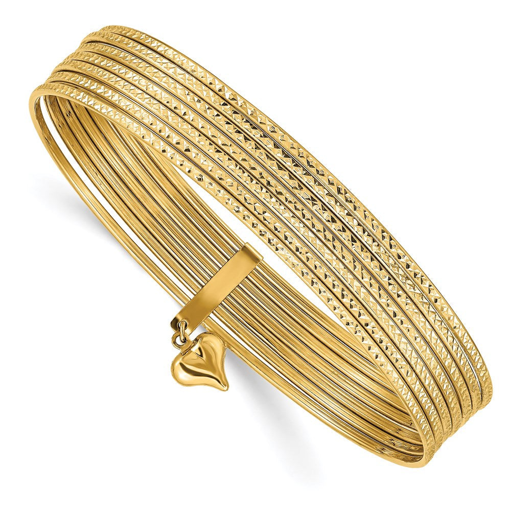 14K Gelbgold mit Hängend Herz Set Of 7 Schieber-on Strukturiert Bangles 8"