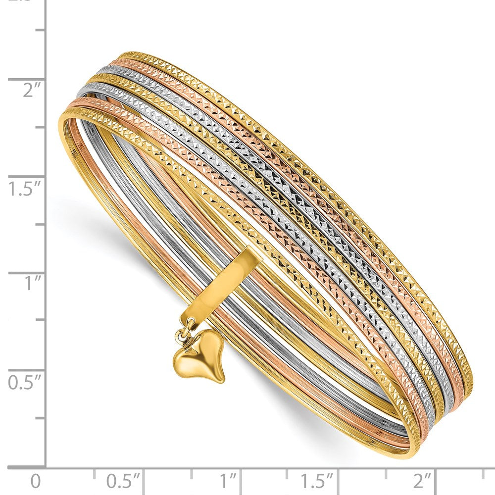 14K Tricolor Gold mit Hängend Herz Tricolor Gold Oversized Set Of 7 Strukturiert Schieber-on Bangles