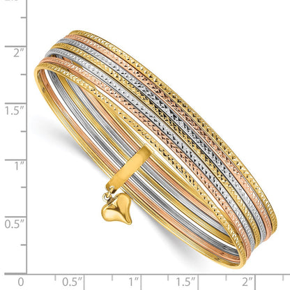 14K Tricolor Gold mit Hängend Herz Tricolor Gold Set Of 7 Strukturiert Schieber-on Bangles