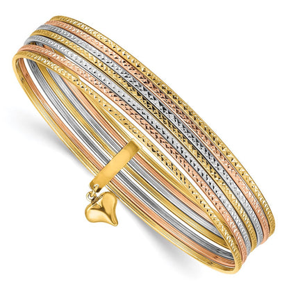 14K Tricolor Gold mit Hängend Herz Tricolor Gold Oversized Set Of 7 Strukturiert Schieber-on Bangles