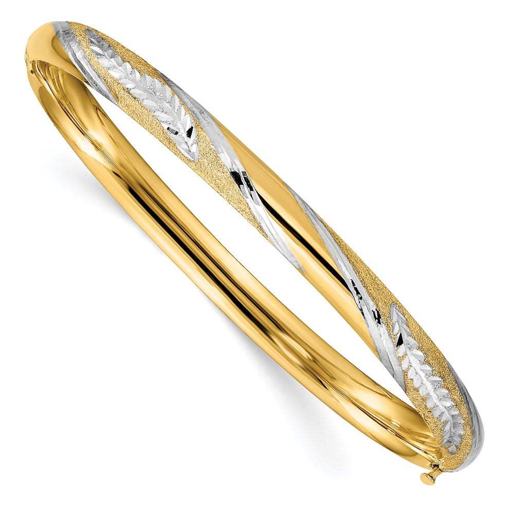 14K Gelb & Rhodium Gold mit Weiß Rhodium Diamantiert Blatt Gedreht Design Klappbar Armreif