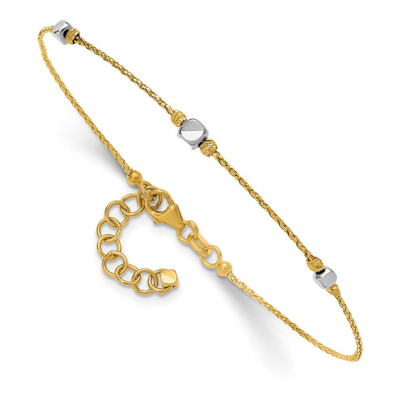 14K Bicolor Poliert Diamantiert Gekugelt 7 Zoll mit 1 Zoll Verlängerung. Armband