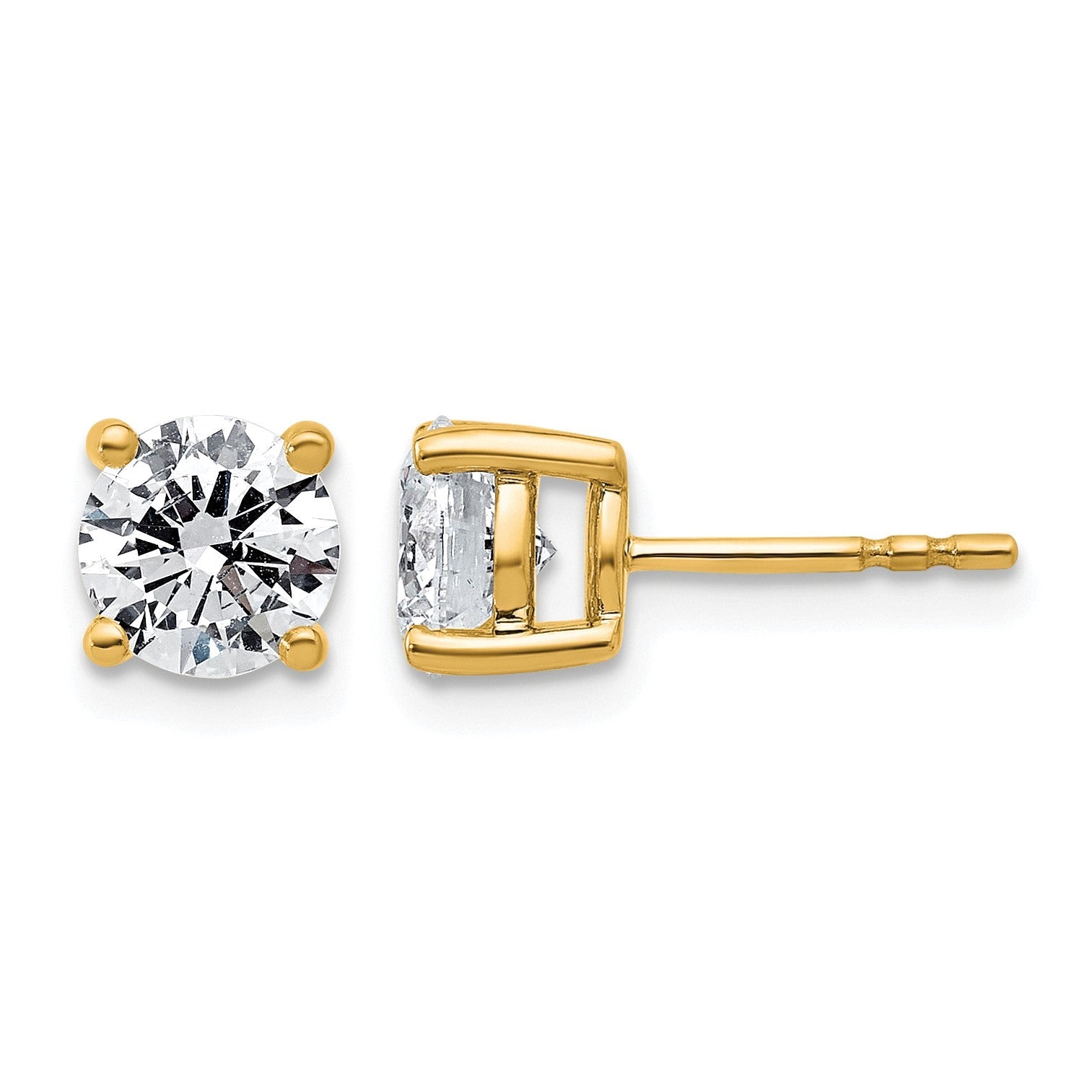 14K Gelbgold Ohrstecker mit 2 ct. Diamant im rundem Schliff aus dem Labor, VS+ F+, Vierzack-Fassung, komplett, leichtgewichtig