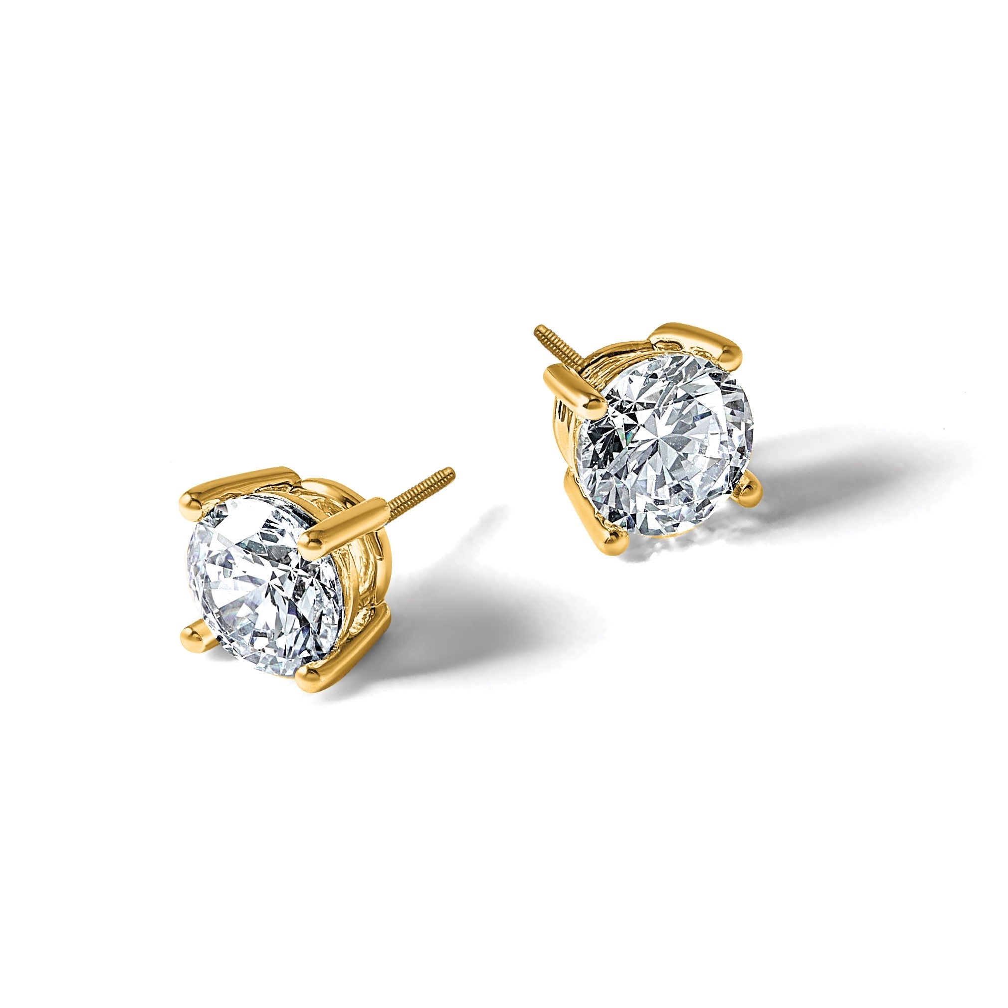 14K Gelbgold Ohrstecker mit 3 ct. Labor gewachsenen Diamanten, VS/SI+ G+, Rund, 4-Krappen-Fassung, Schwere Ausführung, Schraubverschluss