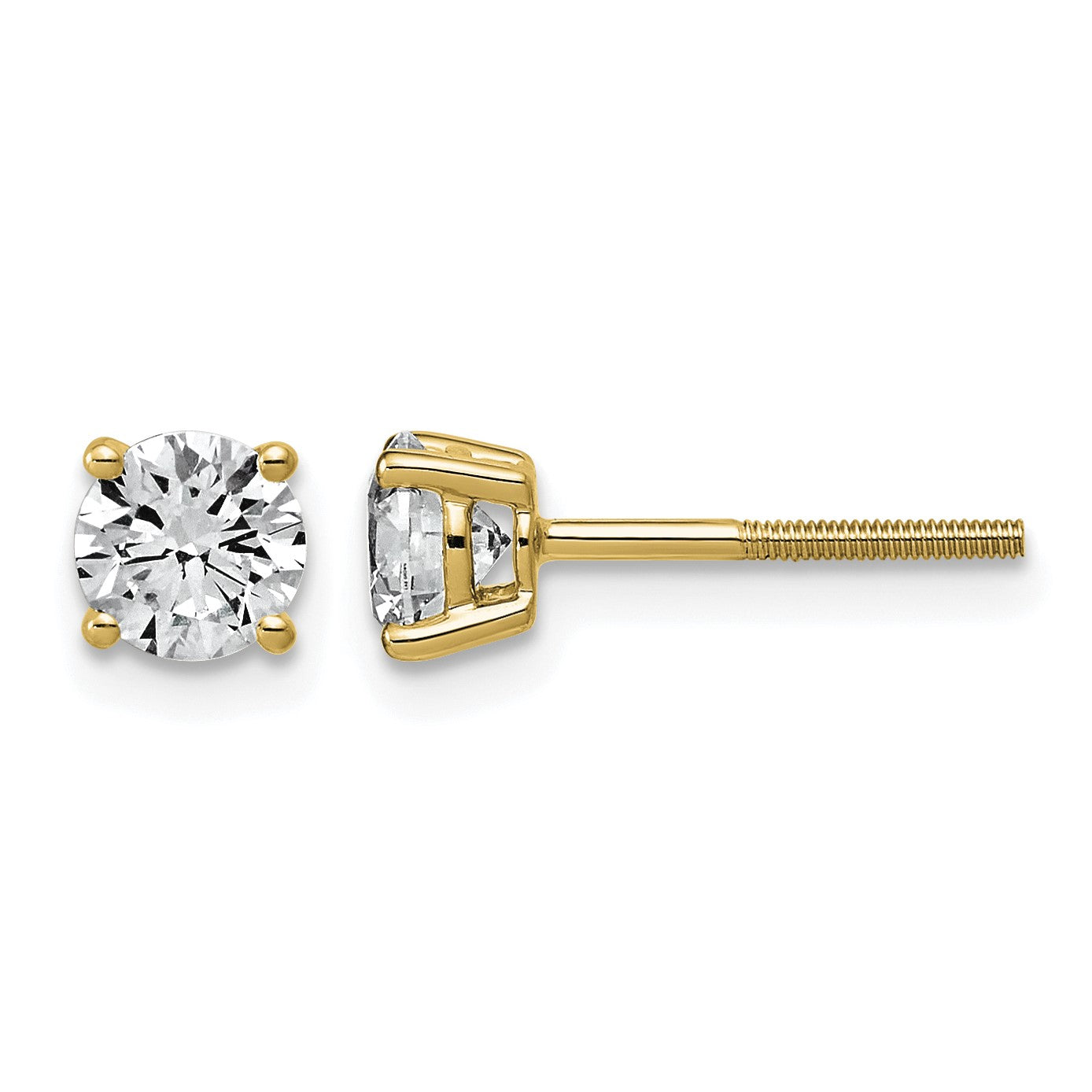 14K Gelbgold Ohrstecker mit 1K Labor gezüchtetem Diamant, VS+ F+, rund, Vier-Krappen-Fassung, komplett, leichtgewichtig, mit Schraubverschluss