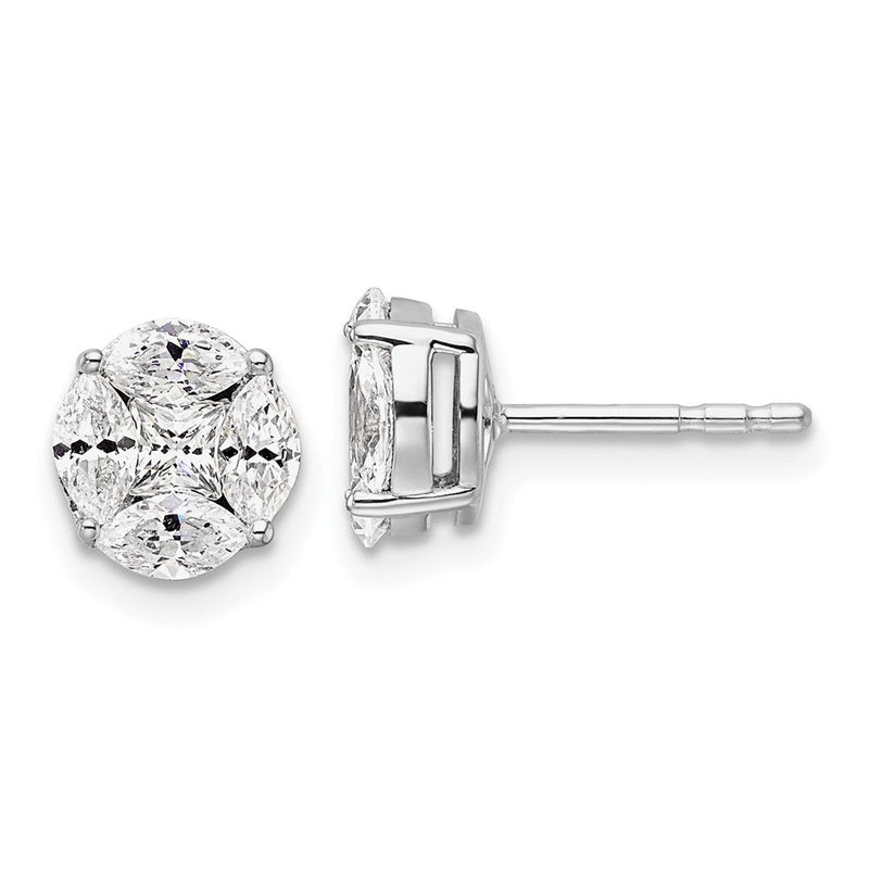 14K Weißgold Ohrstecker mit 1 ct. im Labor gezüchteten Diamanten, VS/SI+ G+, komplett mit rundem und markiseförmigem Halo