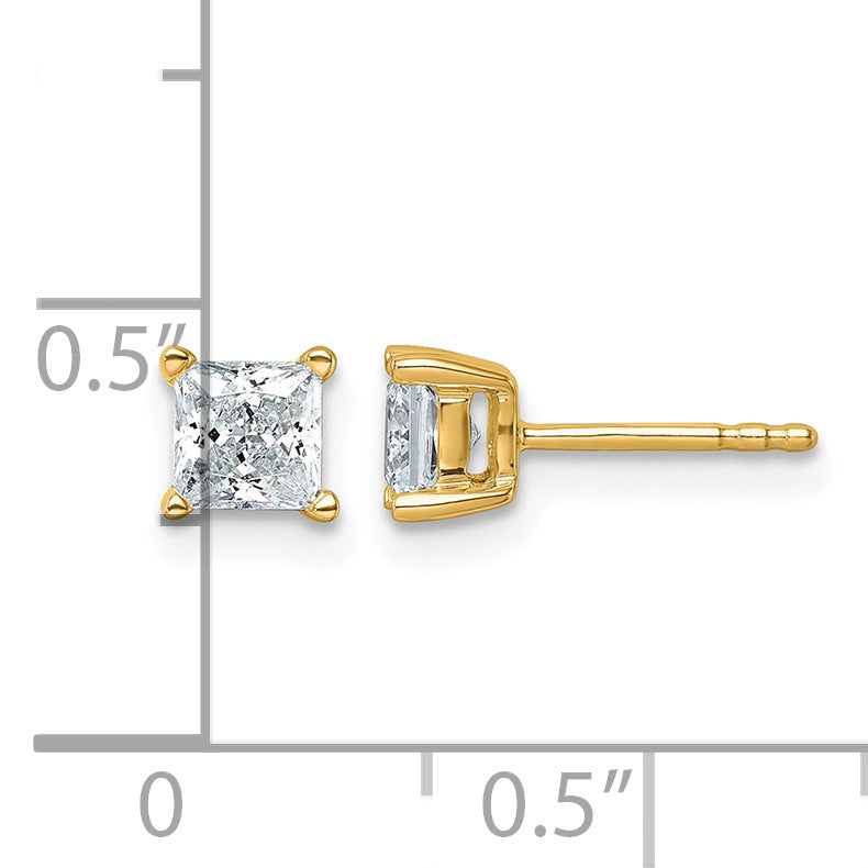 14K Gelbgold Ohrstecker mit 1 ct. zertifizierten, im Labor gezüchteten Diamanten, VS/SI+ G+, Prinzessschliff, 4-Zacken-Fassung, hohes Gewicht