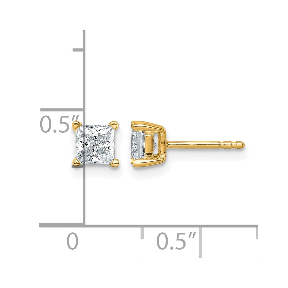 14K Gelbgold Ohrstecker mit 1 ct. zertifizierten, im Labor gezüchteten Diamanten, VS/SI+ G+, Prinzessschliff, 4-Zacken-Fassung, hohes Gewicht