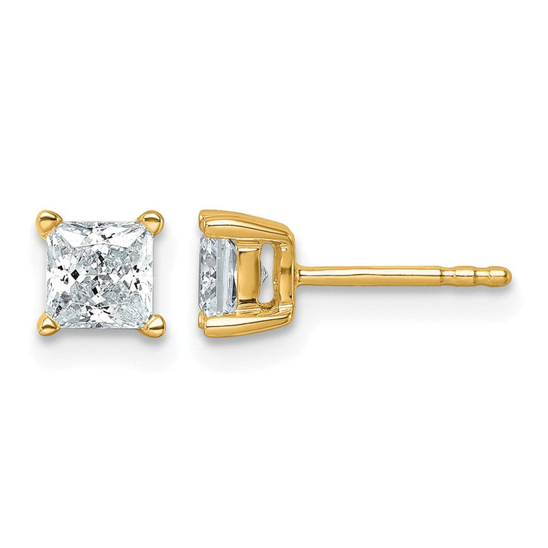 14K Gelbgold Ohrstecker mit 1 ct. zertifizierten, im Labor gezüchteten Diamanten, VS/SI+ G+, Prinzessschliff, 4-Zacken-Fassung, hohes Gewicht