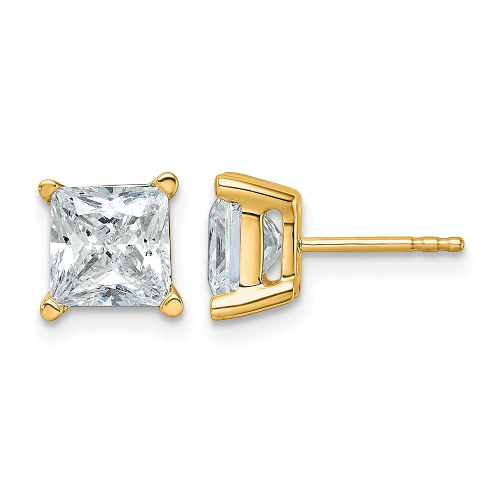 14K Gelbgold Ohrstecker mit 4 ct. zertifizierten im Labor gezüchteten Diamanten VS/SI+ G+ im Prinzessschliff, 4-Krappenfassung, schwere Ausführung