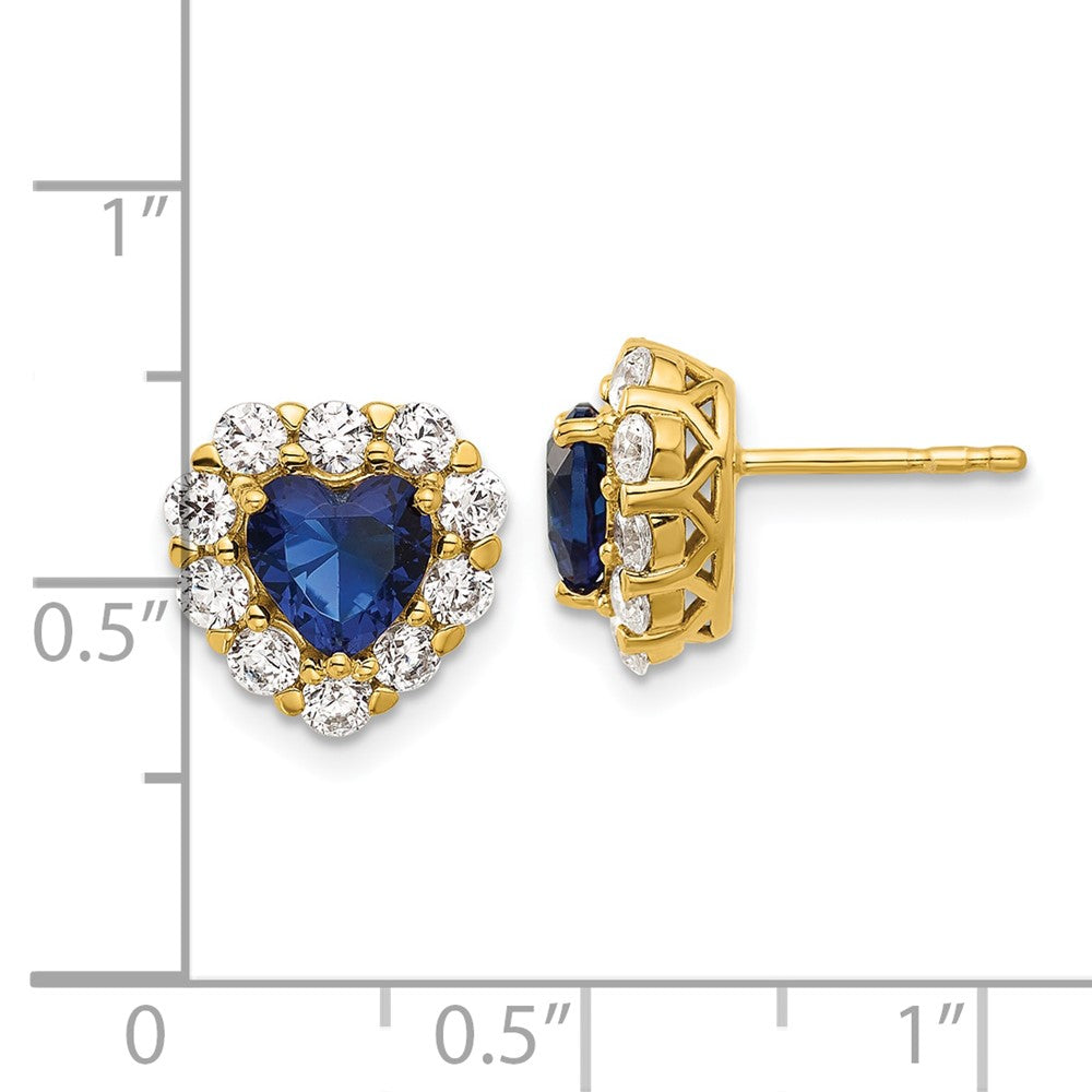 14K Gelbgold Herz-Halo-Ohrstecker mit 1,33 ct. laborgezüchtetem Diamant VS/SI+ G+ und synthetischem Saphir