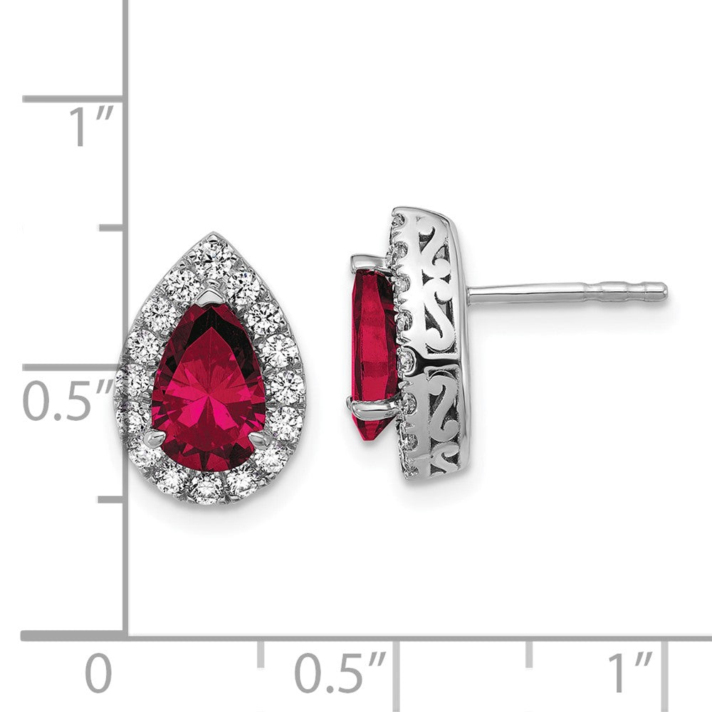 14K Weißgold Ohrringe mit im Labor gezüchteten Diamanten VS/SI FGH und synthetischem Rubin, Birne, mit Ohrstecker-Verschluss