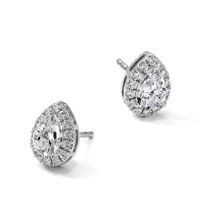 14K Weißgold Ohrringe mit 1,25 ct. Laborgezüchteten Diamanten VS/SI+ G+ im Birnenschliff mit Halo-Fassung