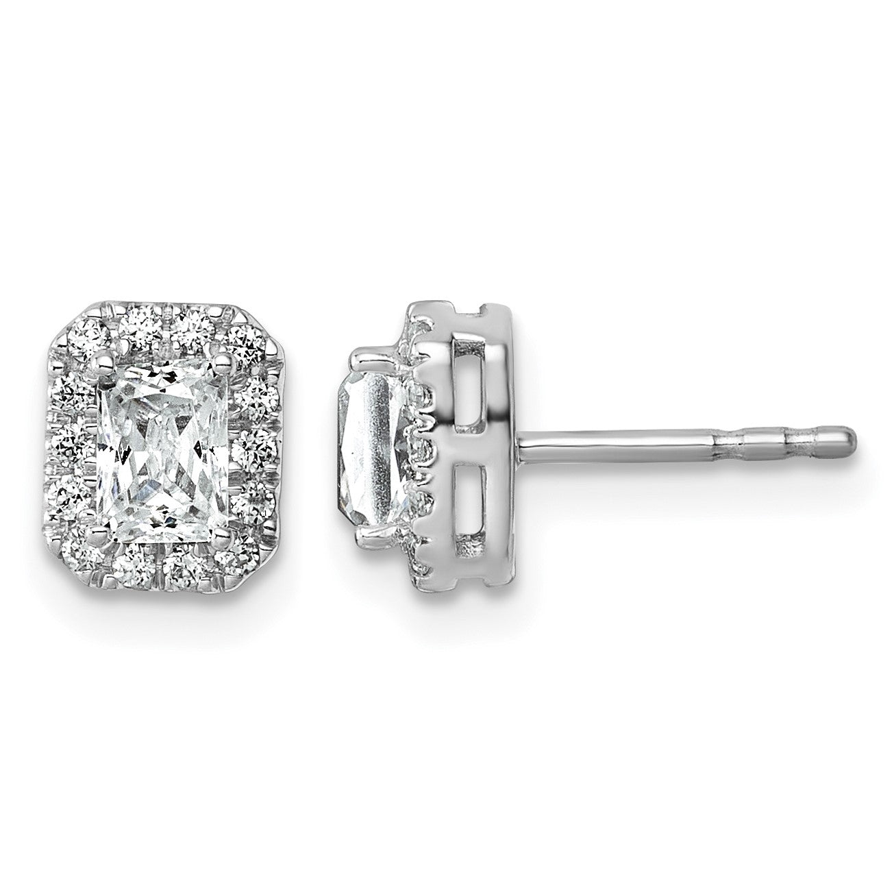 14K Weißgold Ohrstecker mit 0,875 Karat Labor gezüchteten Diamanten VS/SI+ G+, Smaragd-Halo, komplett